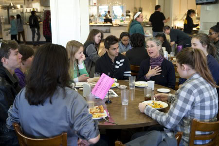 Classics professor Susan Stevens discusses her research with students at a Lunch and Learn session.