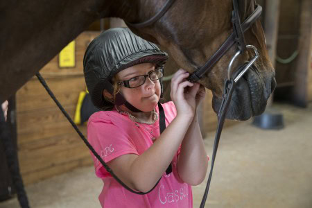 A camper places straps on a horse.