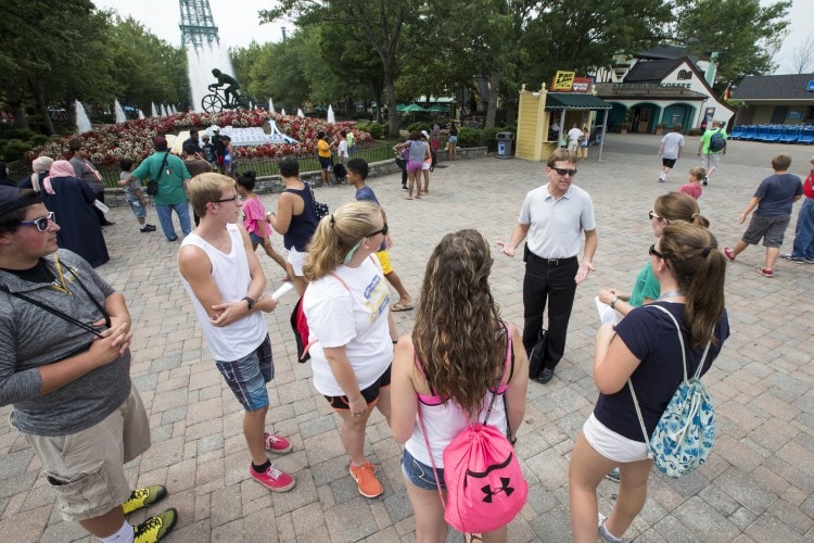 Physics professor Peter Sheldon speaks to SUPER students at Kings Dominion theme park - one of several field trip destinations during the program.