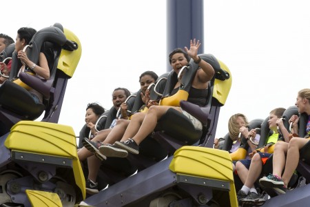 Students ride a rollercoaster at Kings Dominion.