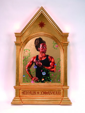 Kehinde Wiley, The Fiery Ascent of the Prophet Elijah, 2014, oil and 22-karat gold leaf on panel. 40 x 24 x 2 in. Courtesy of Pamela K. & William A. Royall, Jr.