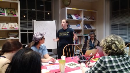 Ally Veaner '16 talks about "World Building" during Randolph's Creative Writing Cafe October 23.