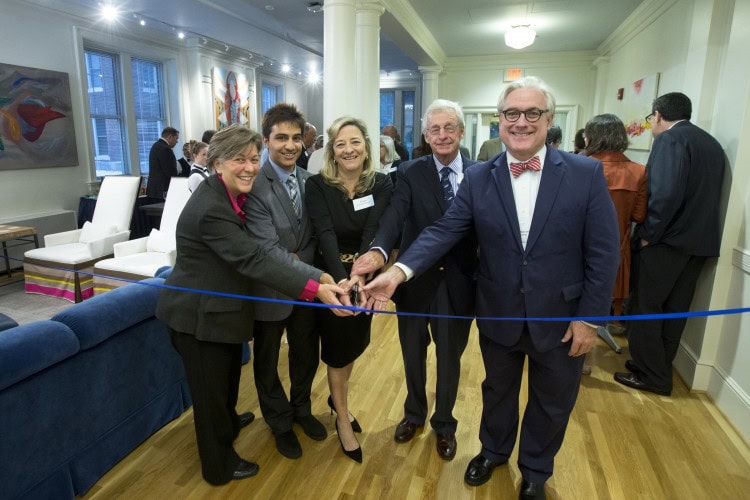 Cutting the ribbon, from left, are: Matha Thornton, vice president for student affairs and dean of students; Sandeep Poudyal '16, Student Government president and head resident of Wright Hall; Susan Braselton Fant '84; Lester "Ruff" Fant; and President Bradley W. Bateman.