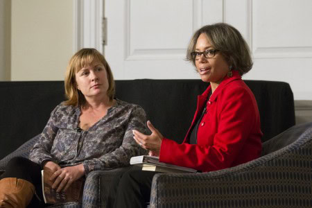 Gayle Jessup White (right) and Tess Taylor discuss racial issues in America during Randolph's Relatives and Strangers program Wednesday.