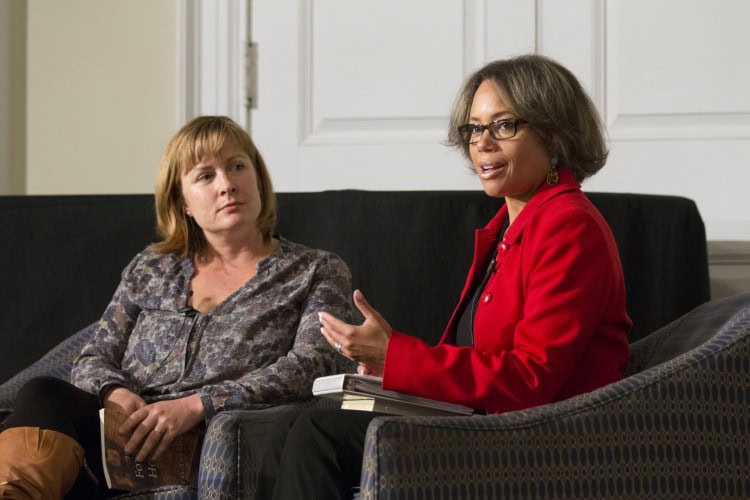 Gayle Jessup White (right) and Tess Taylor discuss racial issues in America during Randolph's Relatives and Strangers program Wednesday. Gayle Jessup White (right) and Tess Taylor discuss racial issues in America during Randolph's Relatives and Strangers program Wednesday.