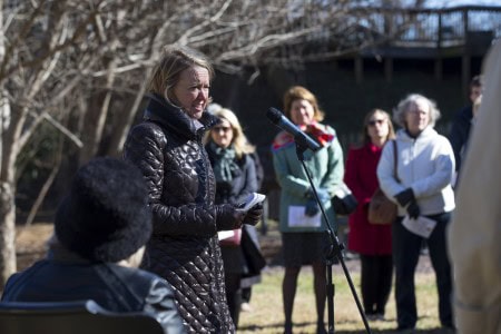 Katharine Stark Caldwell '74 speaks at the dedication service.