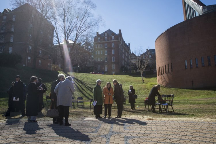 Alumnae and other members of the Randolph community examine the labyrinth, gifted to the College by Katharine Stark Caldwell '74.