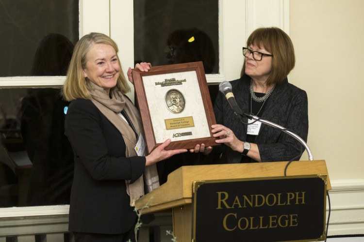 Cathy Havener Greer '73 (left), chair of the Randolph College Board of Trustees, accepts the award from Susan Johnston, executive vice president and COO of the AGB. Cathy Havener Greer '73 (left), chair of the Randolph College Board of Trustees, accepts the award from Susan Johnston, executive vice president and COO of the AGB.
