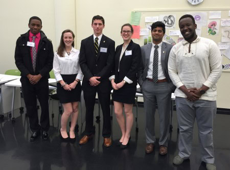 Members of the 2016 Randolph College Ethics Bowl team included: from left) Jordann Pruitt ’19, Grace Cummins ’16, Donald Saltmarsh-Lubin ’16, Kati Biggs ’18, Tahan Menon ’16, and Igor Ngabo Rwaka ’18.