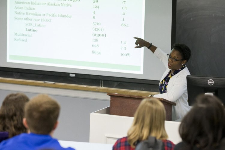 Tia Stokes-Brown ’97 goes over data from her research, entitled “The Increasing Significance of Race: Exploring the Development of Latino Racial Group Consciousness and the Link to Political Participation.”