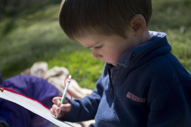 Wyatt Button draws a picture of what he found that was new to him during his morning in the organic garden on Wednesday at Randolph College Nursery School. Photo by Jill Nance