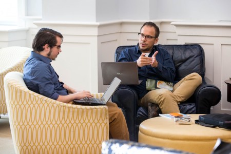 Will Andress '17 and Gordon Steffey meet to discuss one of their readings in the Student Center.