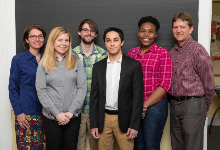 (From left) education professor Peggy Schimmoeller, biology professor Amanda Rumore, Gavin Cook '18, Danish Roshan '18, Drucilla Williams '18, and physics professor Peter Sheldon.