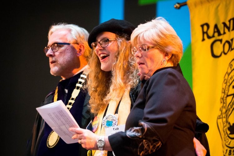 Convocation speakers: Randolph President Bradley W. Bateman (left), Student Government President Eva Heitbrink '17, and Chaplain Jennifer Moore.