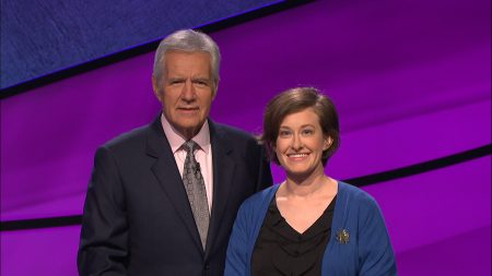 Lani Golstab Gonzalez '04 with Jeopardy! host Alex Trebek