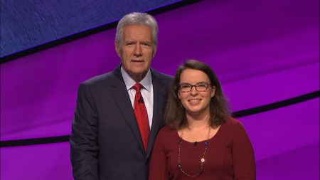 Susan Cole '03 with Jeopardy host Alex Trebek