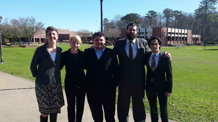 2017 Randolph College VFIC Ethics Bowl team (from left): philosophy professor Kaija Mortensen, Katya Schwab '17, Christian Ridenour '18, political science professor Vincent Vecera, and Danish Roshan '18