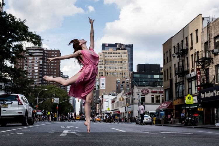 Rachel Carder '17 performing one of the poses of the Isadora Duncan style of dance in New York City (Photo by Michael Mansfield, imagesbymichaelmansfield.com)