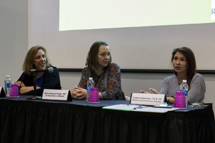 Leslie Ann Jones '93, Katie Stewart Page '08, and Caitlin Unterman '12, '14 M.A.T., served as Women in Science panelists for the Randolph College Science Festival.