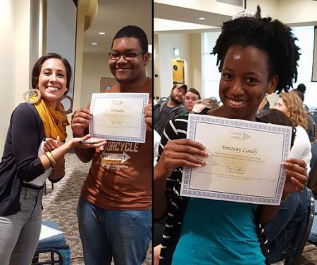 Wil Ridley '20 and Brittany Lundy '19 receive their certification from the Alternative Break Citizenship School