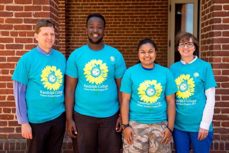 (from left) Physics professor Peter Sheldon, Igor Ngabo '18, Skylar Pippin '19, and education professor Peggy Schimmoeller