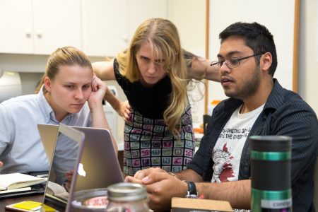 Sustainability coordinator Sara Woodward '16, the Herzog Family Chair of Environmental Studies Karin Warren, and Arnav Upadhyay '19 research local weather patterns.