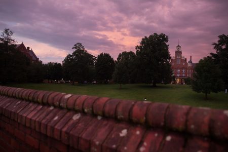 Sunset over Main Hall and the Red Brick Wall