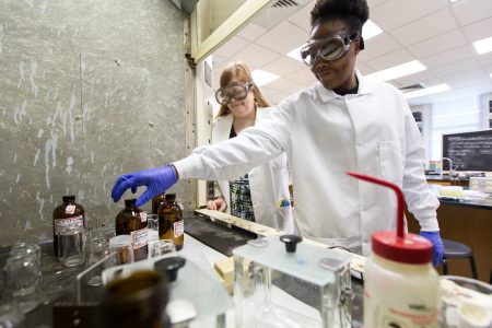 Chemistry professor Ann Fabirkiewicz and Drucilla Williams '18 work on their 2017 Summer Research project, "Lipid Fingerprinting for Hair Analysis.”