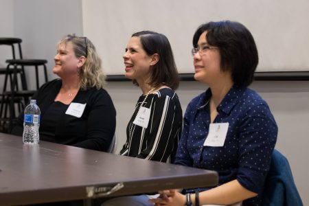 Women in Science panelists: Melanie Fastabend 89, Karen Godley 97, Catherine Khoo 11