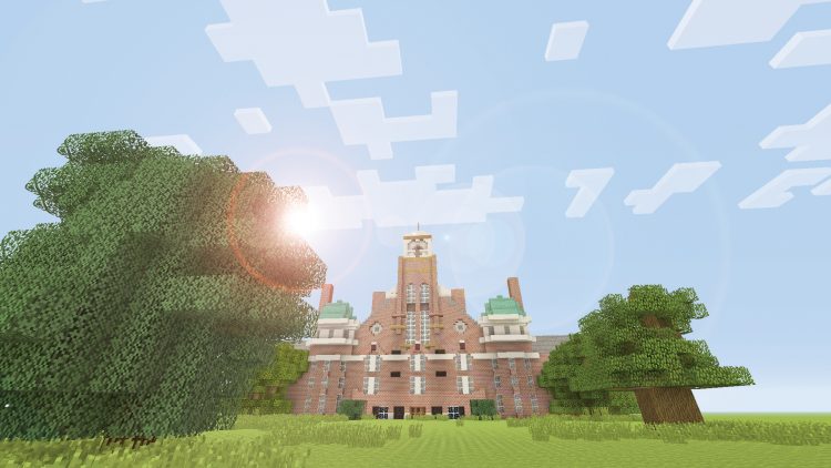 Main Hall at Randolph College as it would look in the world of Minecraft