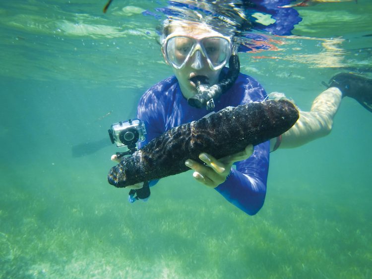 Lydia Edwards ’19 examines a specimen during a scuba diving excursion in San Salvador.