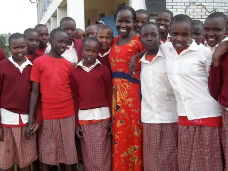 Kakenya Ntaiya '04 with some of the students from the Kakenya Center for Excellence