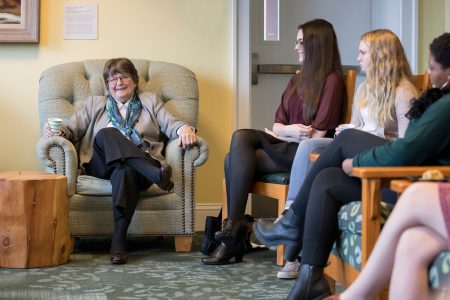 Sister Helen Prejean meets with students in the Chandler Student Lounge Tuesday afternoon