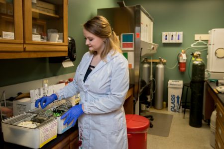 Tetiana Poliakova '18 wearing a white lab jacket and conducting a biology experiment in Martin Science Building.