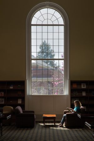 Student sitting in the library, under a large window