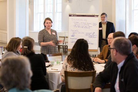 Randolph Sustainability Coordinator Sara Woodward and Rick Barnes, a psychology professor, lead a session at the Community Resilience Building Forum.