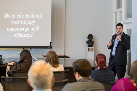 Stuart Gossler '18 M.A.T. delivers his presentation, "The Future of Learning History."