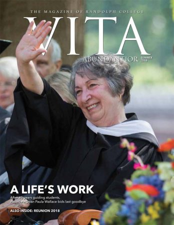 Cover of Vita Abundantior magazine, with photo of Paula Wallace waving to the crowd at Commencement 2018