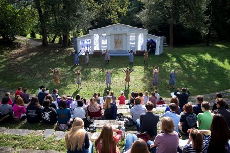 Students perform in the 2016 Greek Play, The Frogs