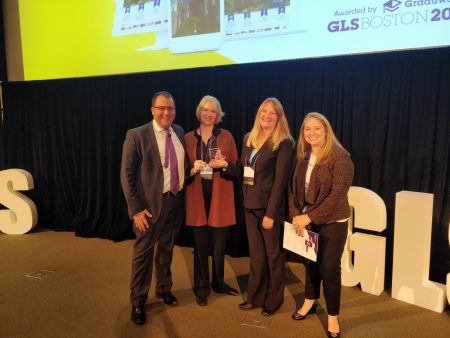 Randolph received the award at the Graduway Leaders Summit in Boston. From left are Daniel Cohen, founder of Graduway, Kristin Dabney, Randolph's alumnae and alumni career network manager, Christine Harriger, Randolph's director of Career Development, and Sevonne Eliyahu, Graduway's vice president for customer success.