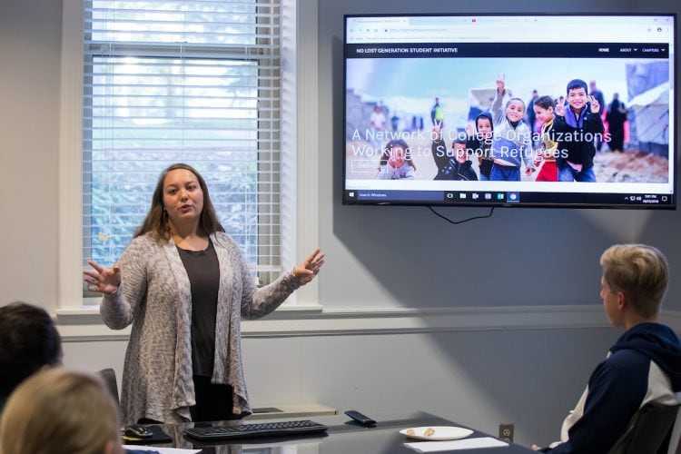 Lauren Appel '20 leads an interest meeting at Randolph for the No Lost Generation Student Initiative Lauren Appel '20 leads an interest meeting at Randolph for the No Lost Generation Student Initiative