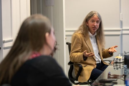 Noah Heringman, who teaches Romanticism, aesthetic theory, and history of science at the University of Missouri, speaks with Randolph students, faculty, and staff at a special luncheon 