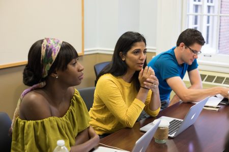 M.F.A. faculty members Wayétu Moore (left) and Mira Jacob (middle) lead a workshop during the first M.F.A. residency program at Randolph this summer.