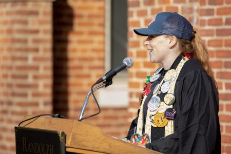 Senior Class President Libby Exline gives remarks during the Founders Day ceremony