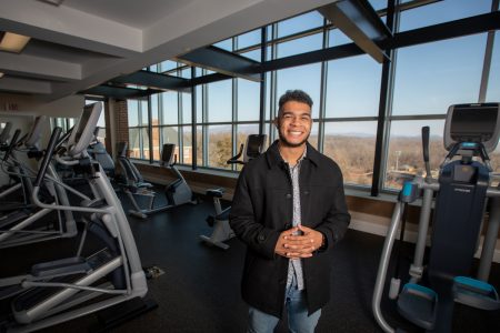 Gabe Krueger '20 in the aerobics room on the third floor of Main Hall