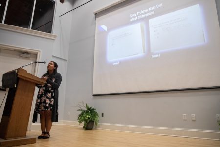 Presley Pippin '19 delivers her presentation, “Does the Sum of First-Grade Students and Math Vocabulary Equal Acquisition?”