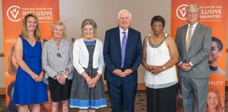 Frances J. Giles ’65, Dorothy “Dolly” S. Cardwell ’58, and William Cardwell, along with other recipients of the 2019 humanitarian awards