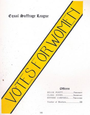 A listing of officers in the R-MWC Equal Suffrage League in a 1910s edition of The Helianthus