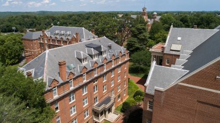 Aerial photo of Wright Hall and campus in the background