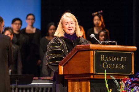 Cathy Havener Greer speaks at the 125th Anniversary Convocation in 2016.